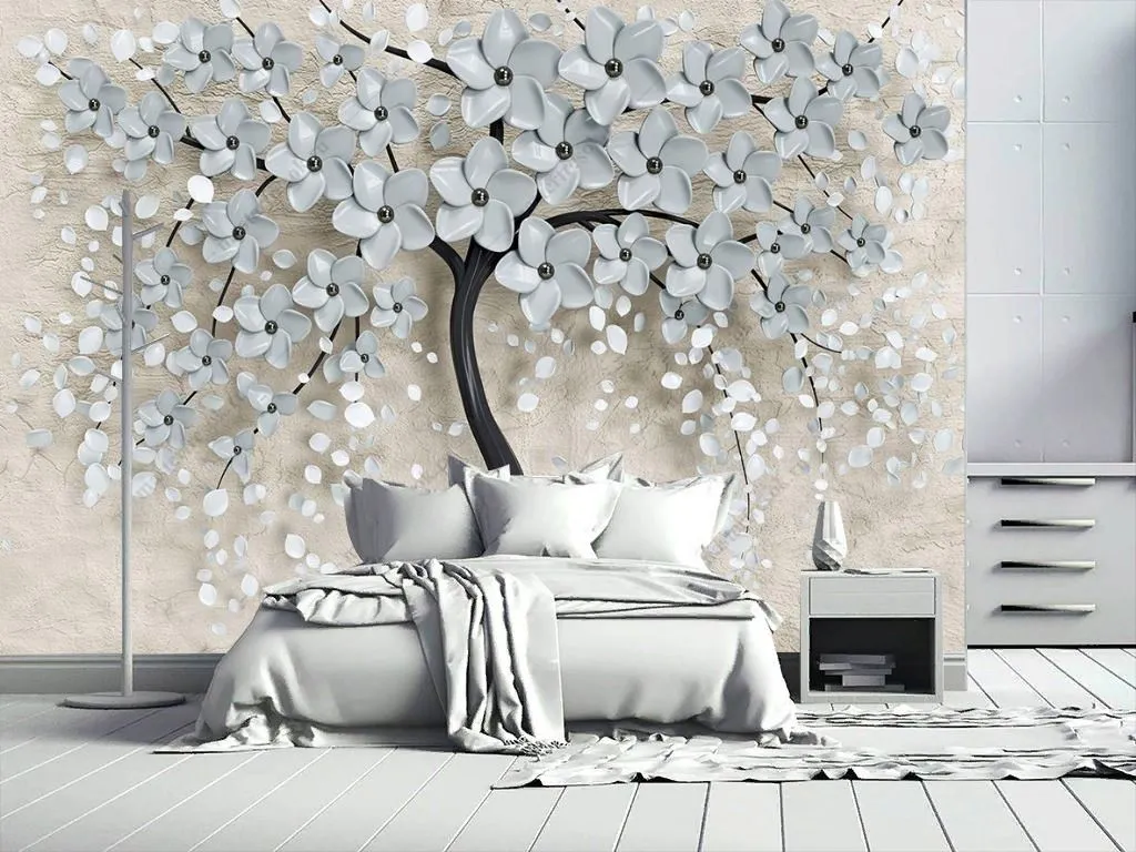 Фотообои в интерьере 3д цветущее белое дерево  10-895 фото