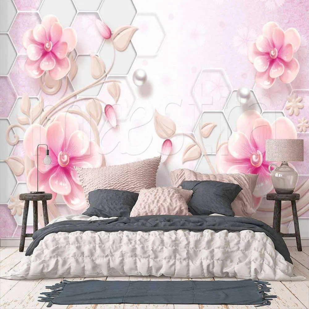 Фотообои в интерьере 3д цветы нежно-розовые  10-595 фото