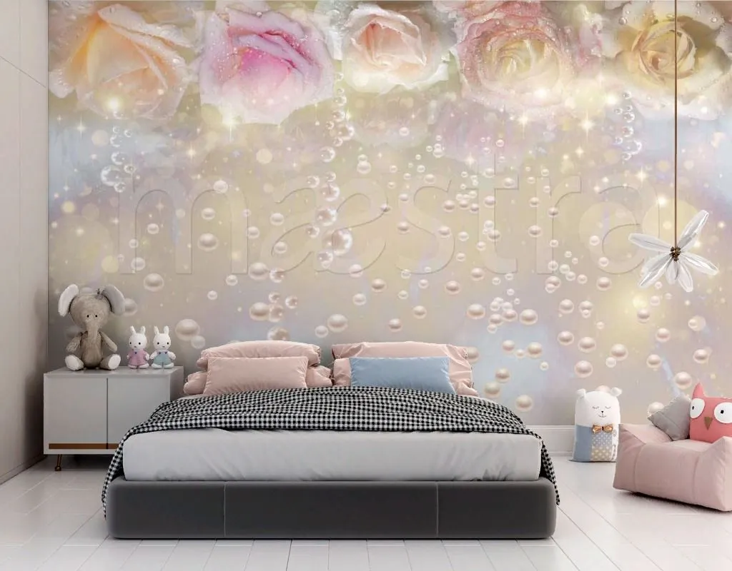 Фотообои в интерьере нежные розы с жемчугом  7-442 фото