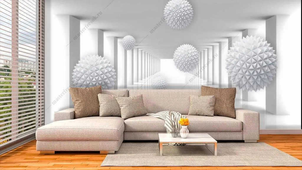 Фотообои в интерьере 3д объемные шары в тоннеле  10-787 фото