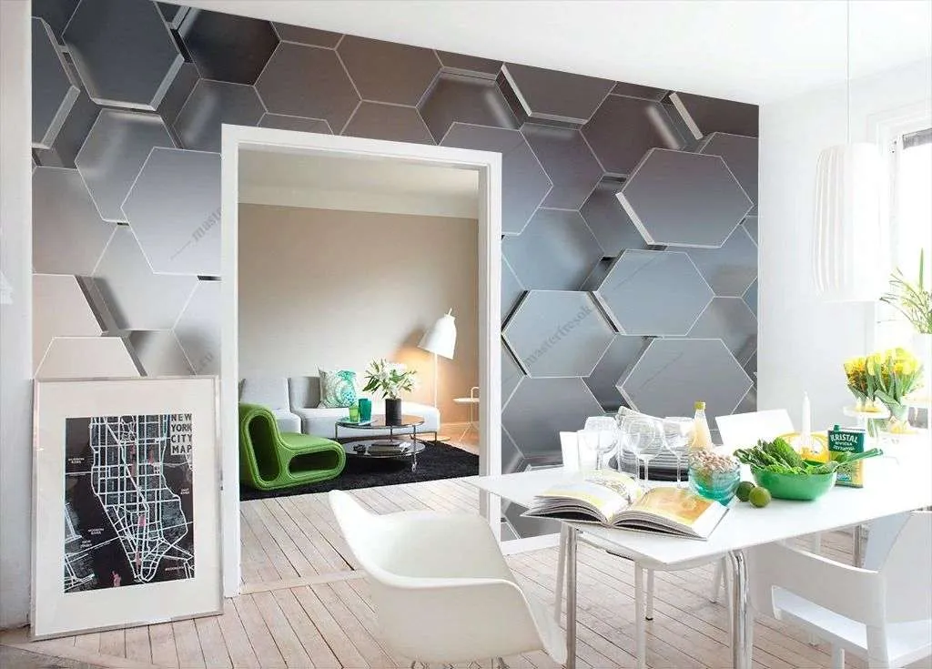 Фотообои в интерьере 3д шестиугольники  10-881 фото