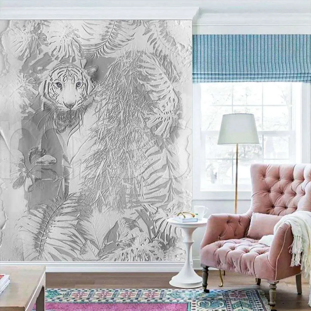 Фотообои 3д белый тигр монохром  7-500