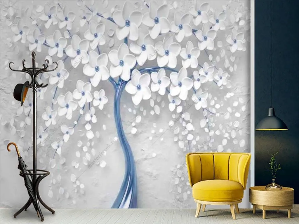 Фотообои в интерьере 3д дерево с золотыми цветами  10-742 фото