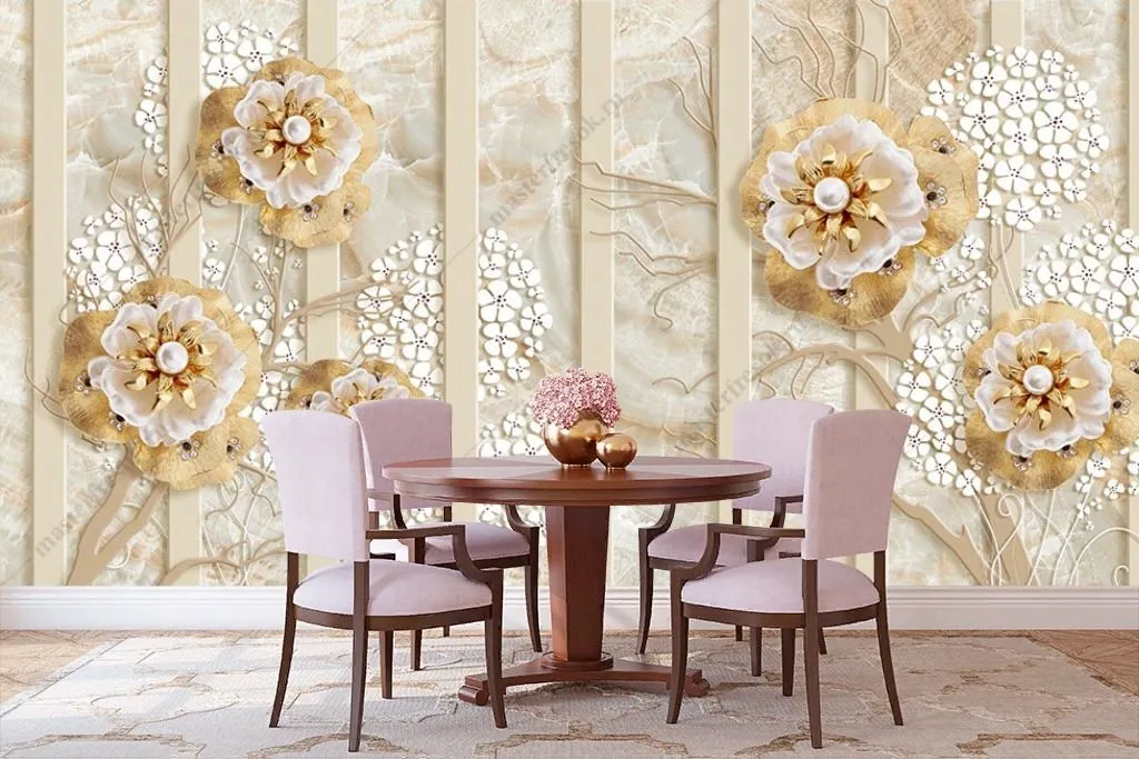 Фотообои в интерьере 3д цветы с драгоценностями  10-929 фото