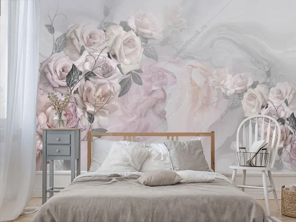 Фотообои в интерьере пастельные розы  13-371 фото