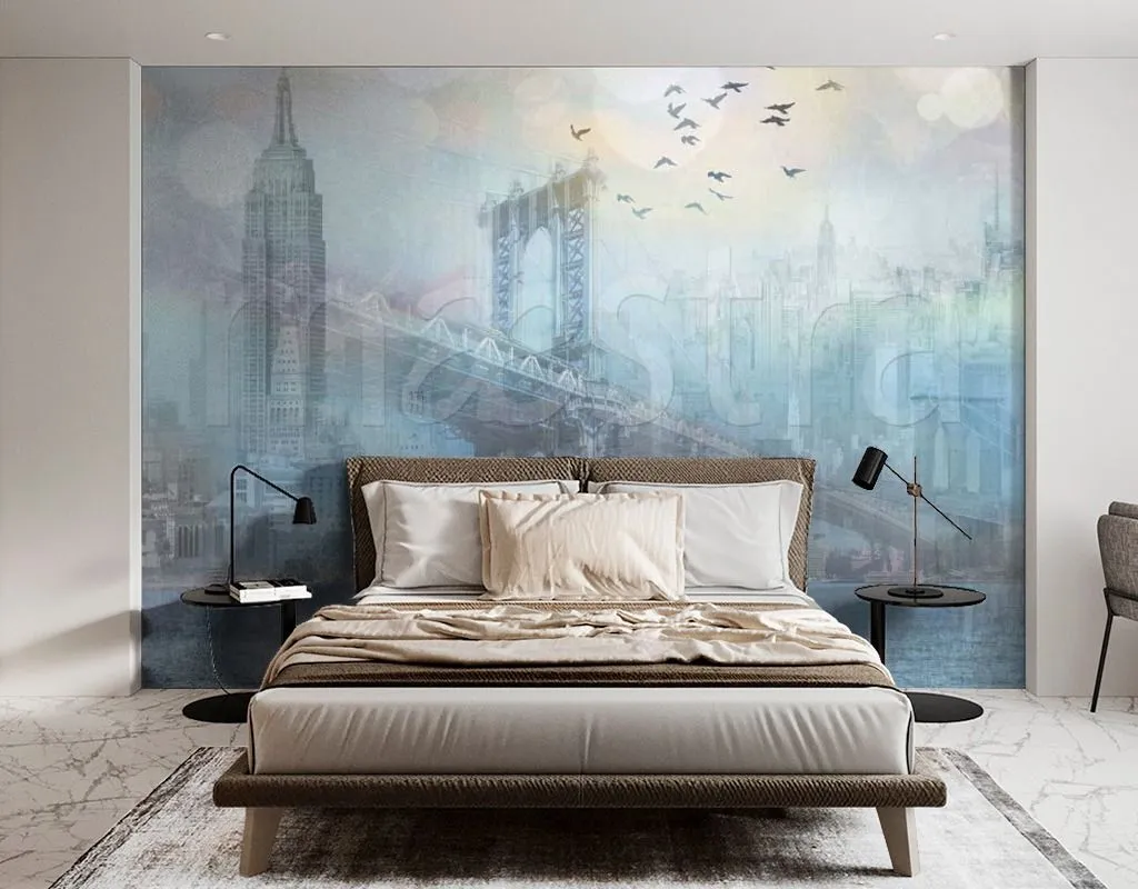 Фотообои в интерьере город и мосты в тумане  7-401 фото