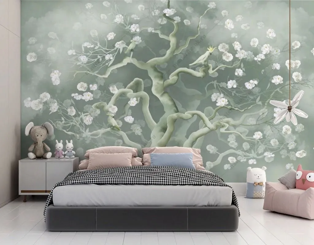 Фотообои в интерьере цветы объемные на дереве  13-591 фото