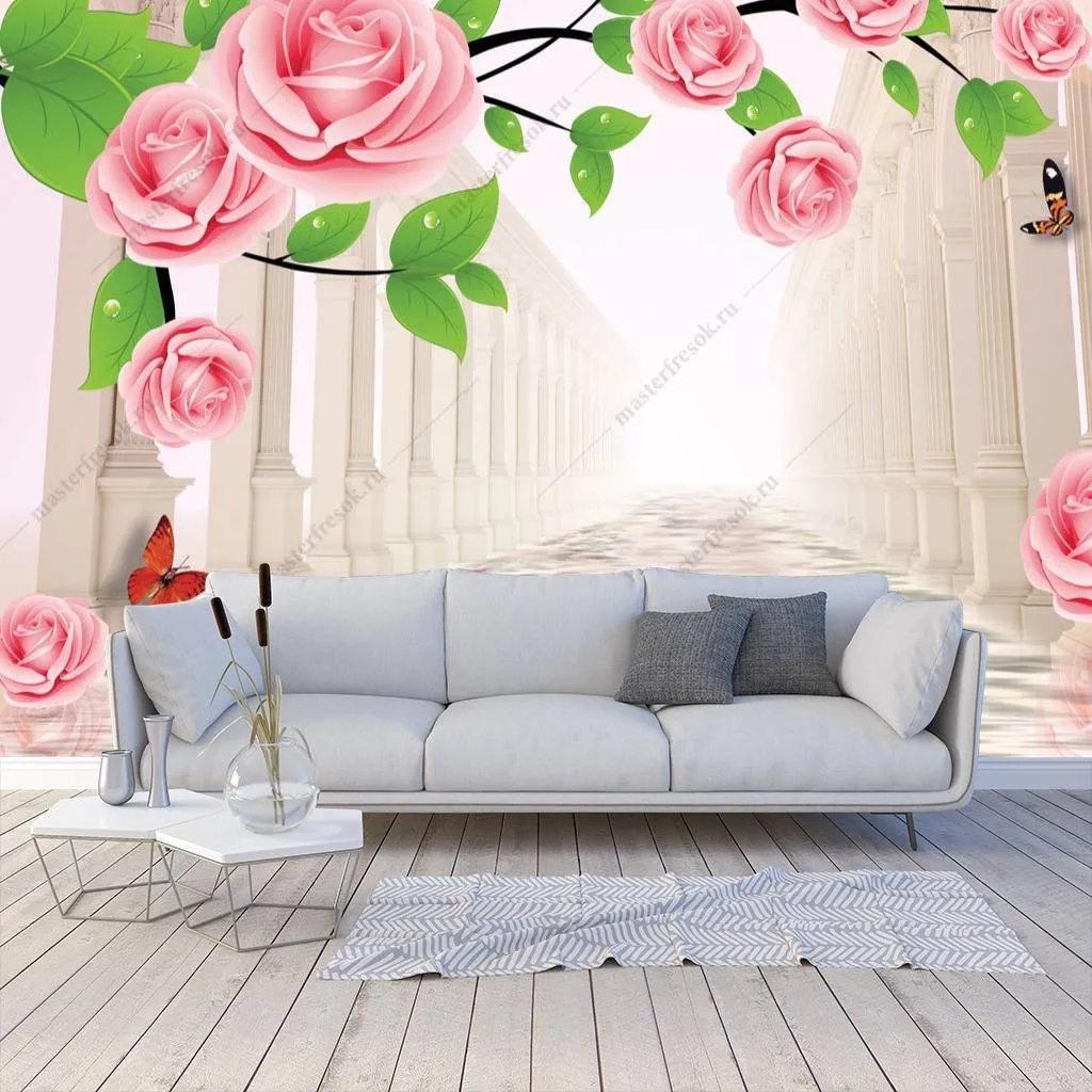 Фотообои в интерьере 3д тоннель и розы  10-657 фото