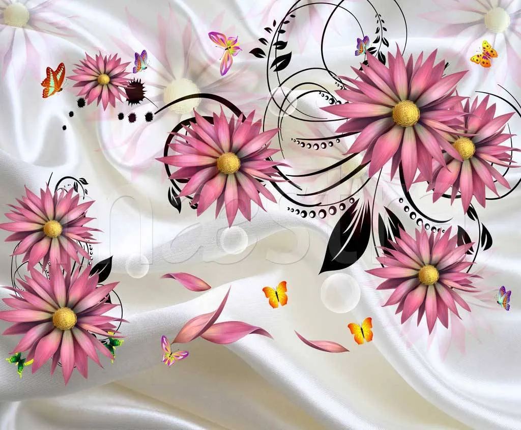 Фотообои в интерьере 3д розовые цветы на белом шелке с черными виньетками  10-513 фото