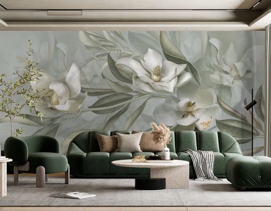 Фотообои в интерьере лилии на зеленом фоне  13-477 фото