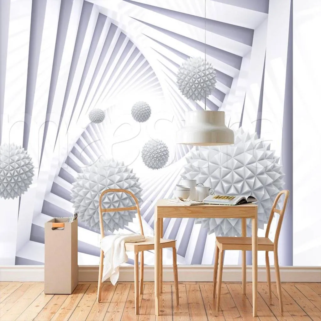 Фотообои 3д шары среди бело-серых полос  10-517