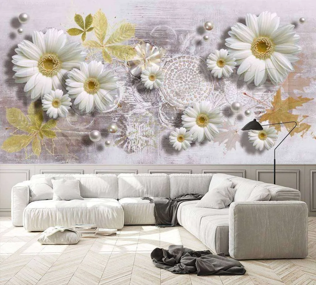 Фотообои в интерьере белые ромашки 3д  10-403 фото