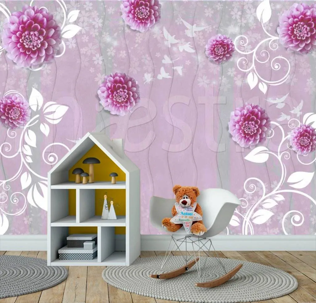 Фотообои в интерьере стереоскопические розовые цветы на фоне 3д  7-467 фото