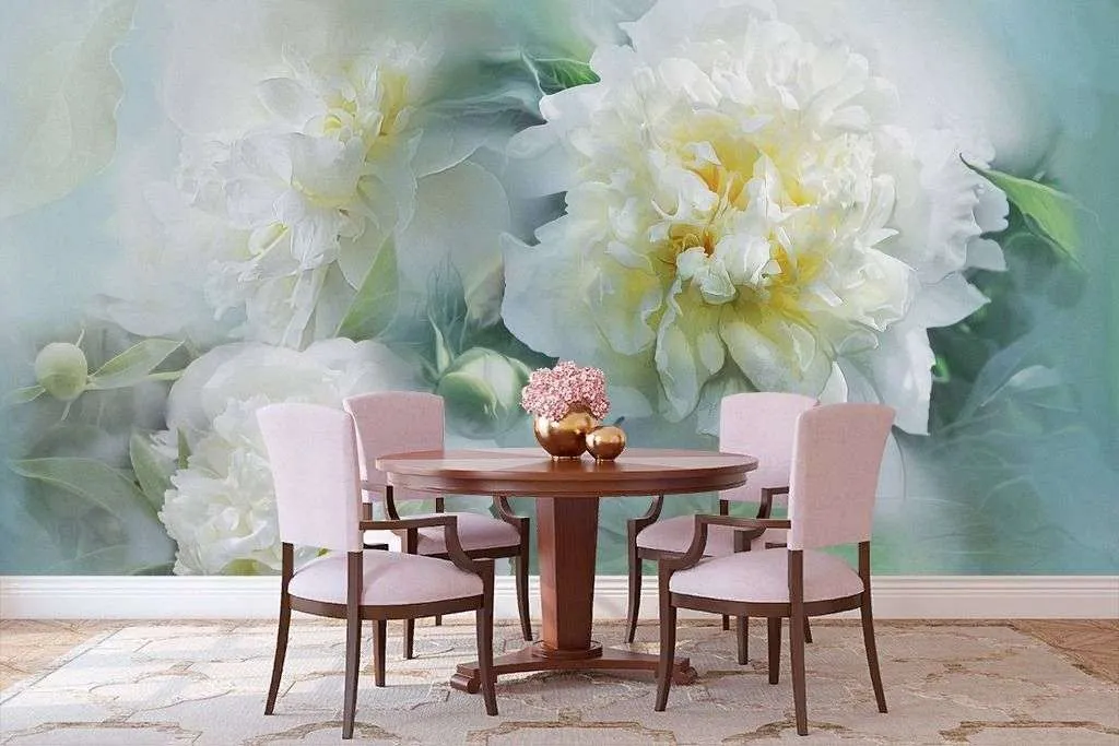 Фотообои в интерьере пион 3д в дымке  13-240 фото
