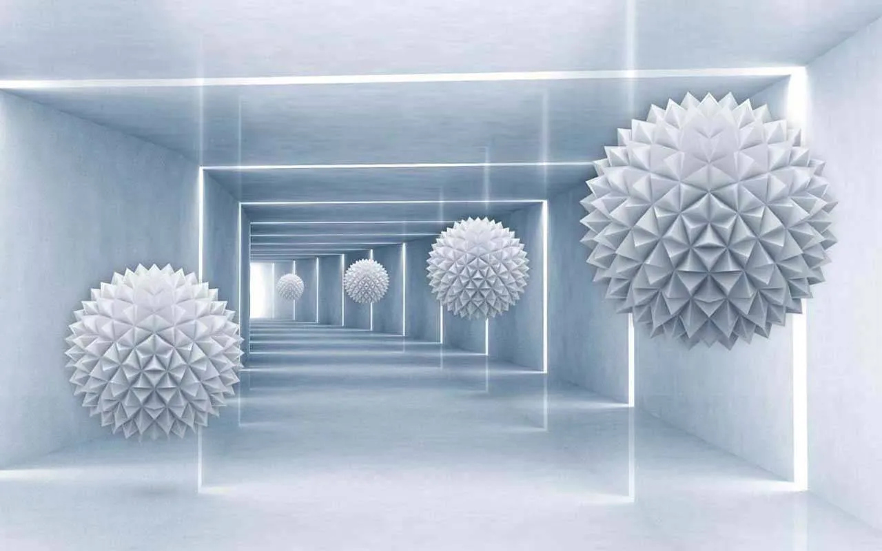 Фотообои в интерьере 3д шары летящие в синюю воронку  10-527 фото