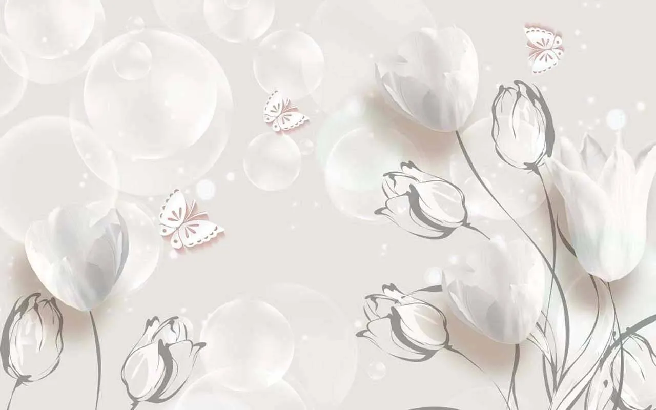 Фотообои в интерьере 3д белые тюльпаны с графической обработкой  10-503 фото