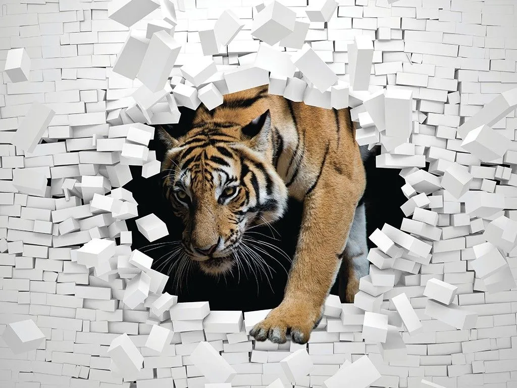 Фотообои в интерьере тигр в стене 3d  10-990 фото