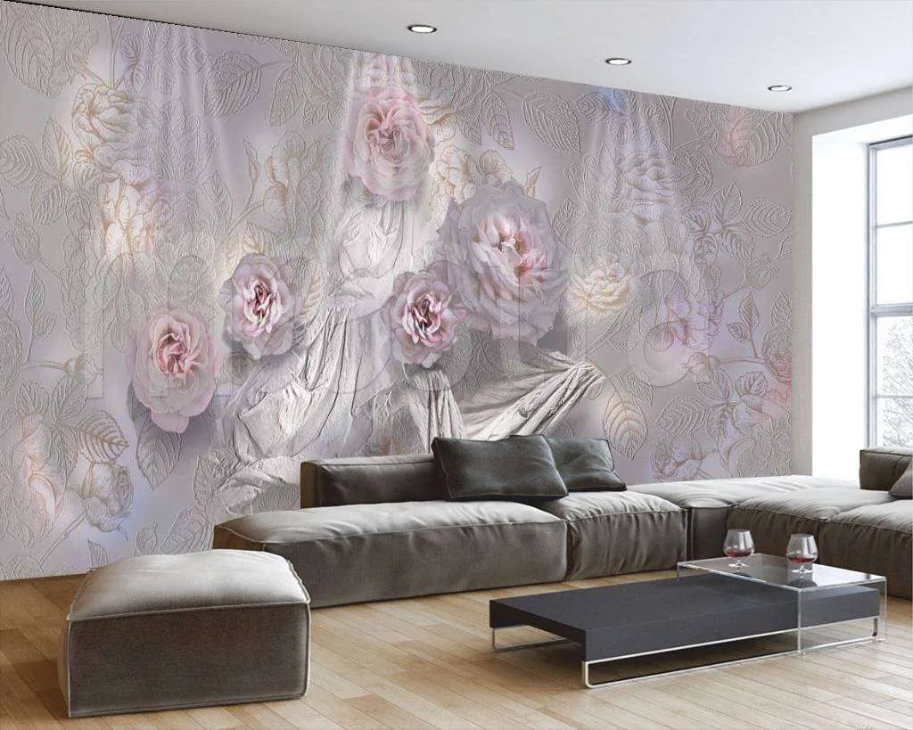 Фотообои в интерьере нежно розовые розы на сером фоне  7-264 фото
