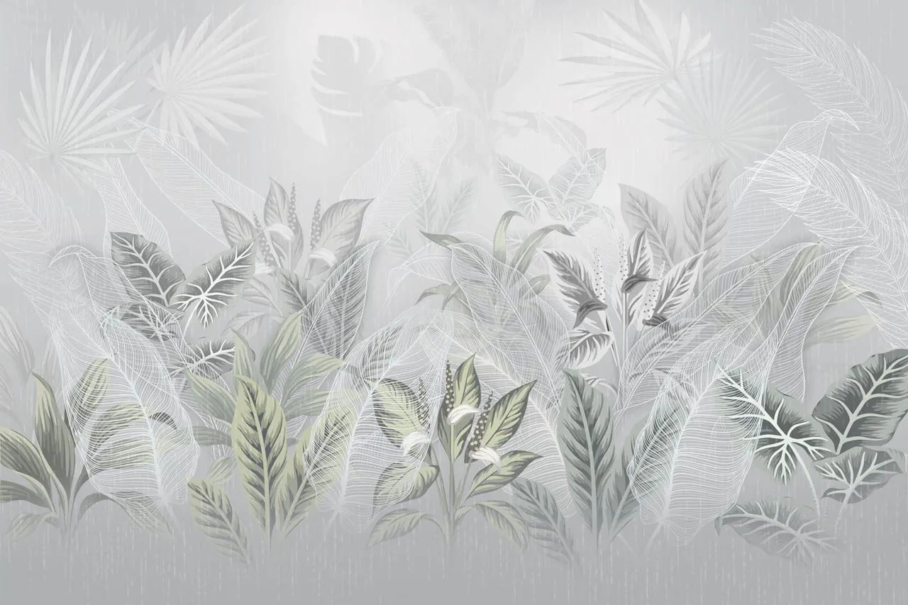 Фотообои в интерьере в гостиную цветы тропические на сером фоне   13-671 фото