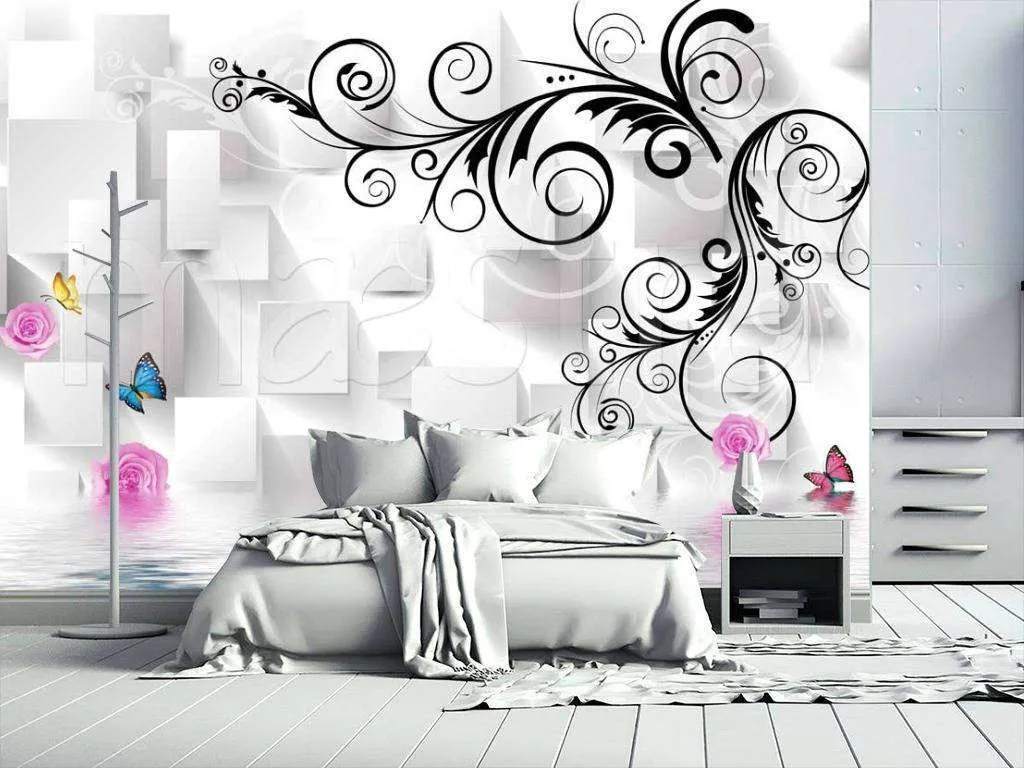 Фотообои в интерьере бабочки над водой на 3д фоне  10-426 фото