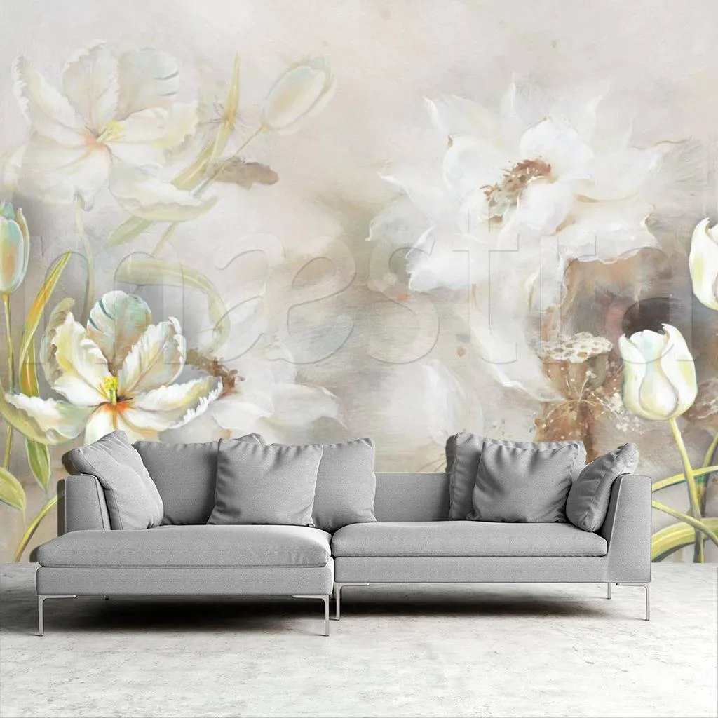 Фотообои в интерьере цветы на нежном светлом фоне  10-520 фото