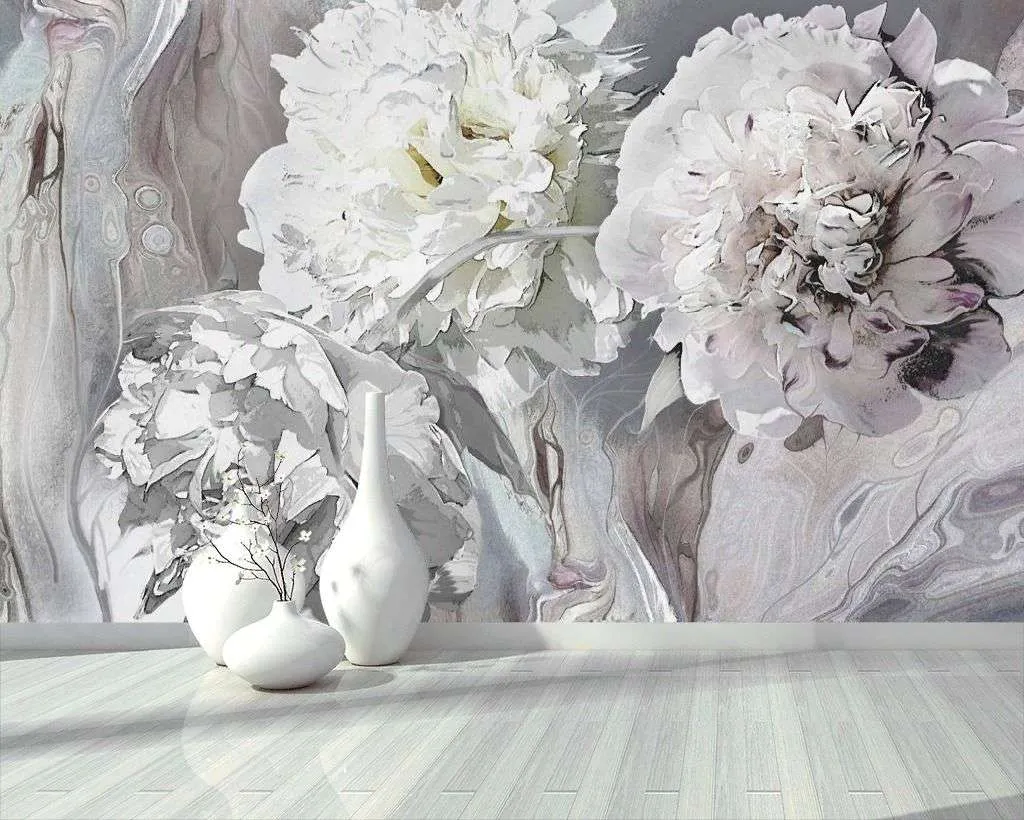 Фотообои в интерьере пионы 3д серые  13-230 фото