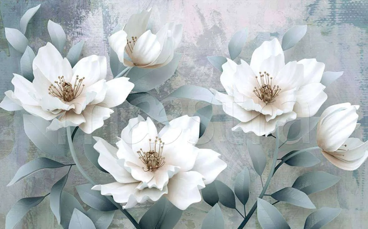 Фотообои в интерьере 3д стерео рельефные цветы на сером фоне  15-005 фото