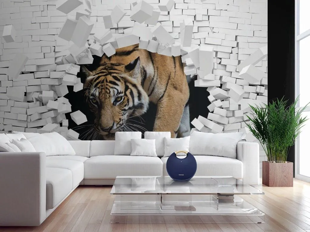 Фотообои в интерьере тигр в стене 3d  10-990 фото