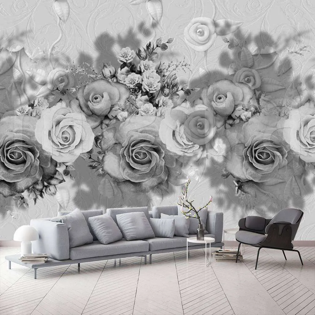 Фотообои в интерьере черно белые цветы розы 3д  7-405 фото