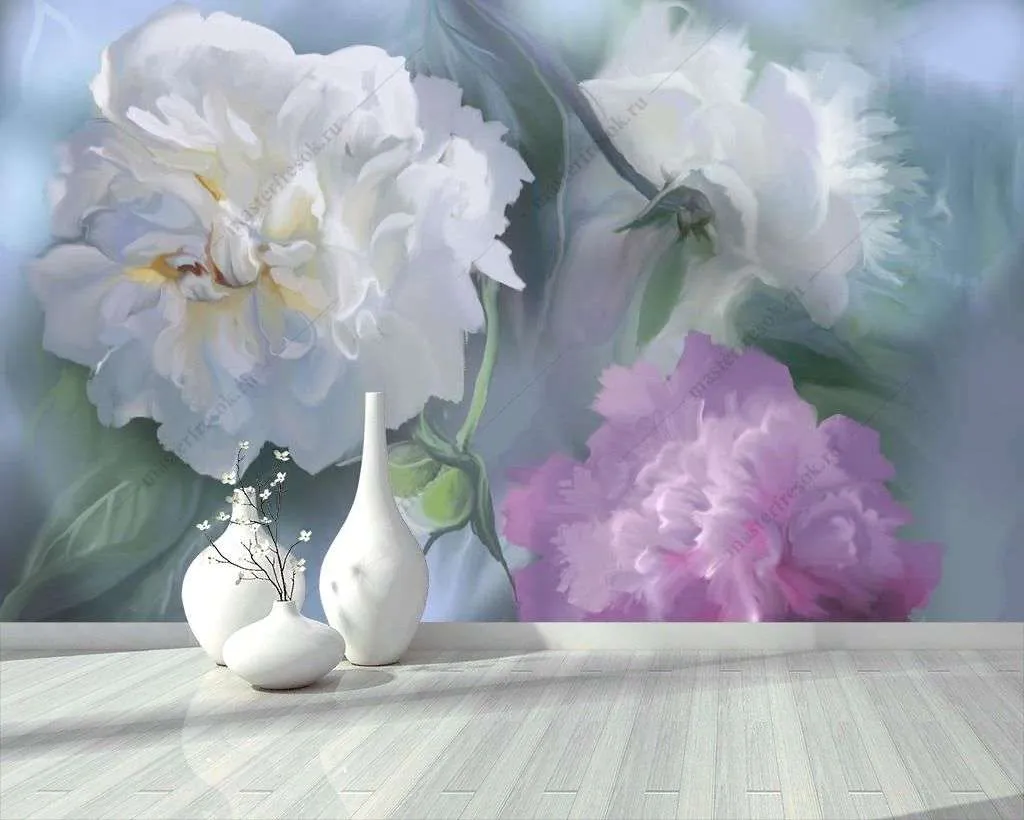 Фотообои в интерьере белые пионы 3д  13-369 фото