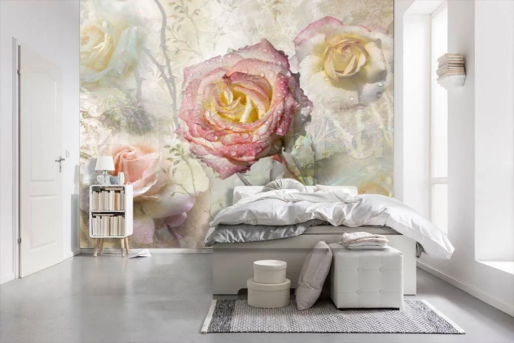 Фотообои в интерьере цветы розы на сером фоне  7-403 фото