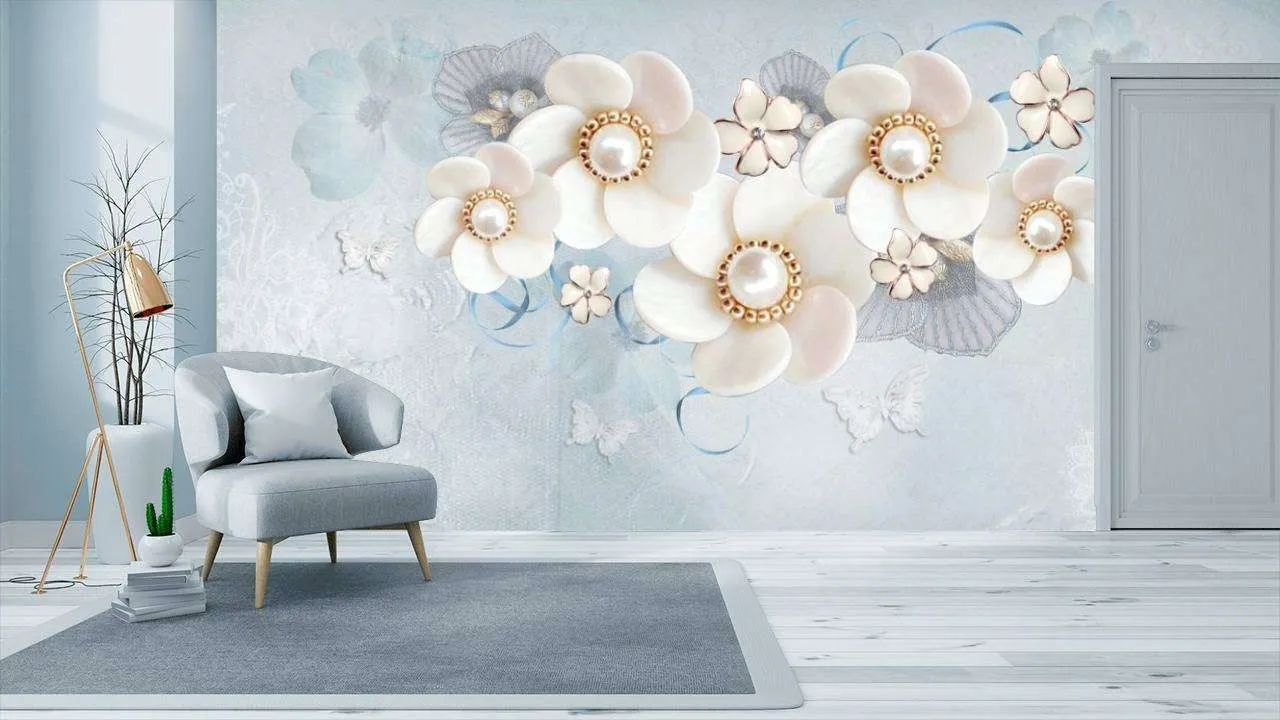 Фотообои в интерьере нежные цветы на голубом фоне  10-616 фото