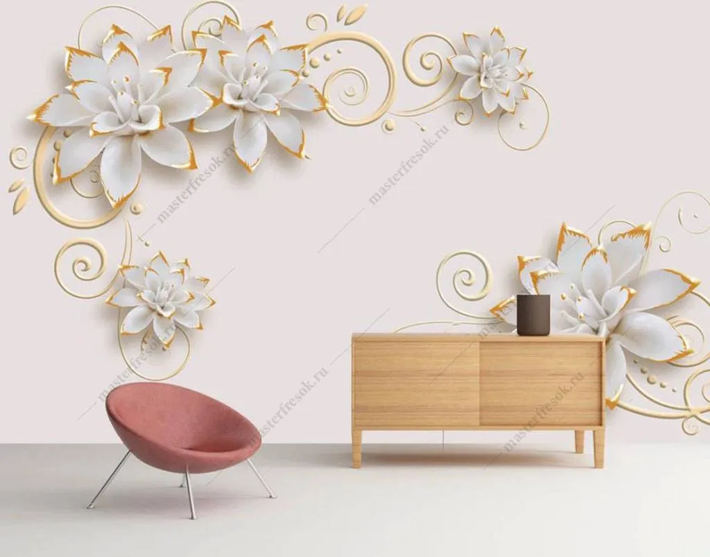 Фотообои в интерьере позолоченные цветы 3д  16-186 фото