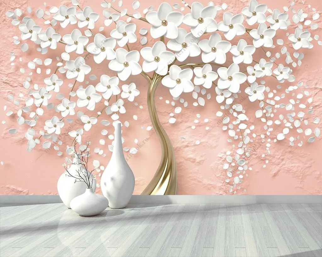 Фотообои в интерьере дерево 3д белое  10-890 фото