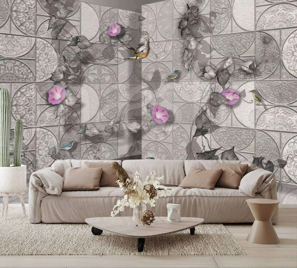 Фотообои в интерьере 3д стена с цветами  7-712 фото