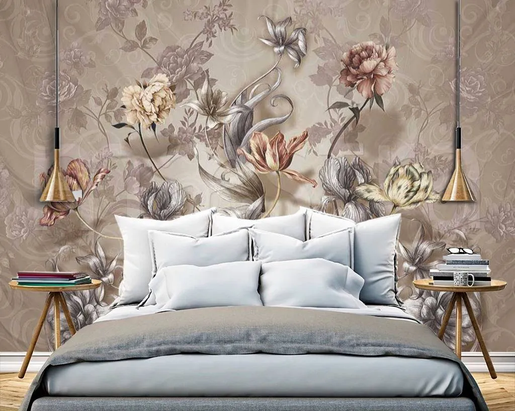 Фотообои в интерьере букет цветов на сером фоне  7-431 фото