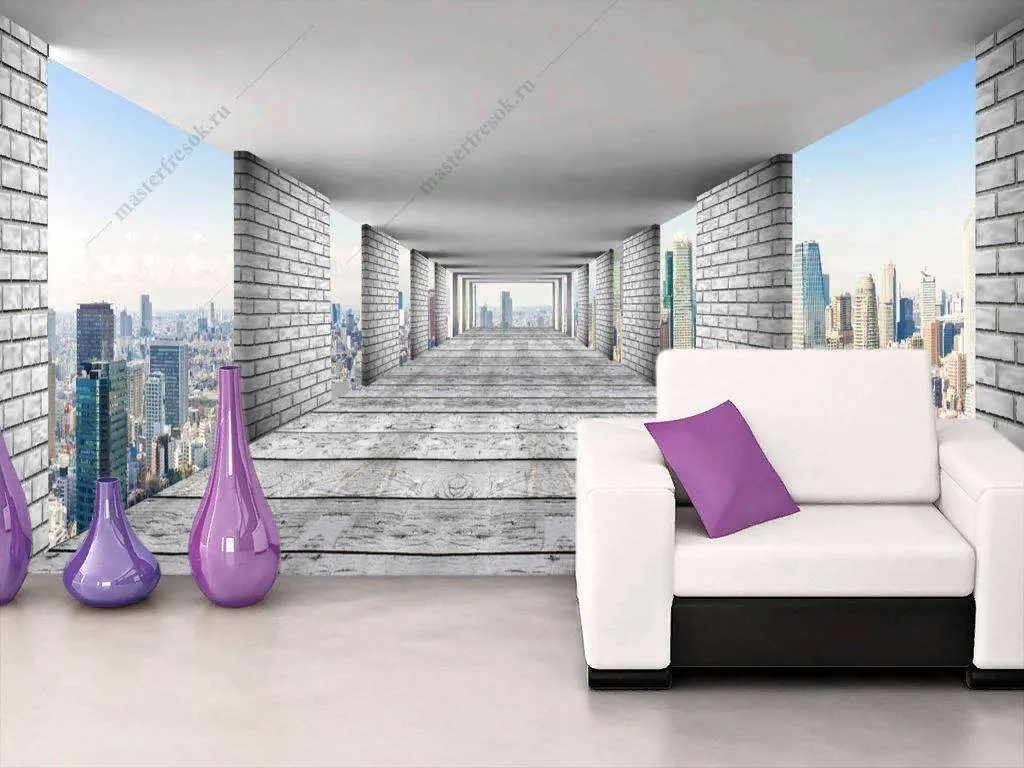 Фотообои в интерьере 3д тоннель расширяющий пространство  10-838 фото