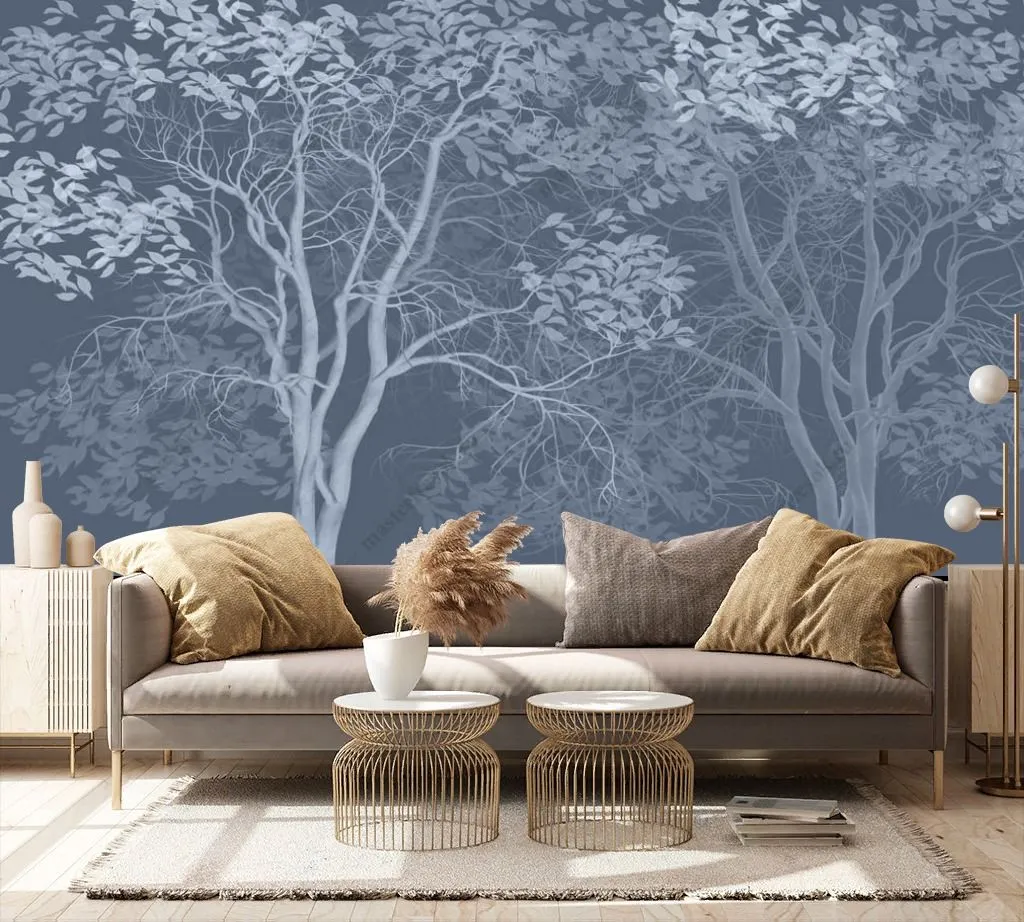 Фотообои в интерьере белые деревья на синем фоне  13-358 фото