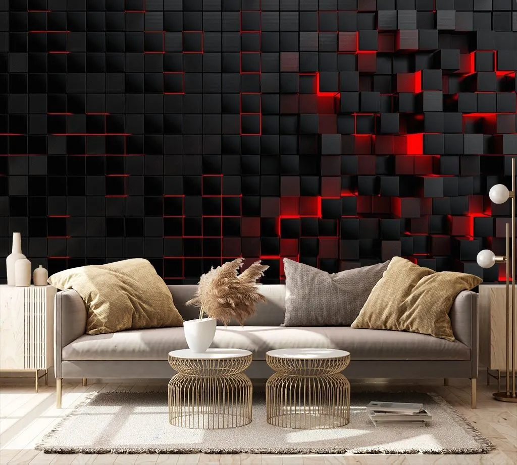 Фотообои в интерьере 3д стена черные квадраты на красном  10-884 фото