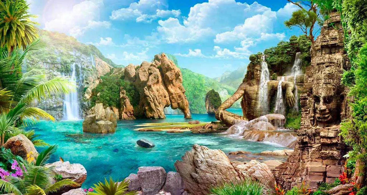 Фотообои в интерьере лазурное море с водопадом  11-163 фото