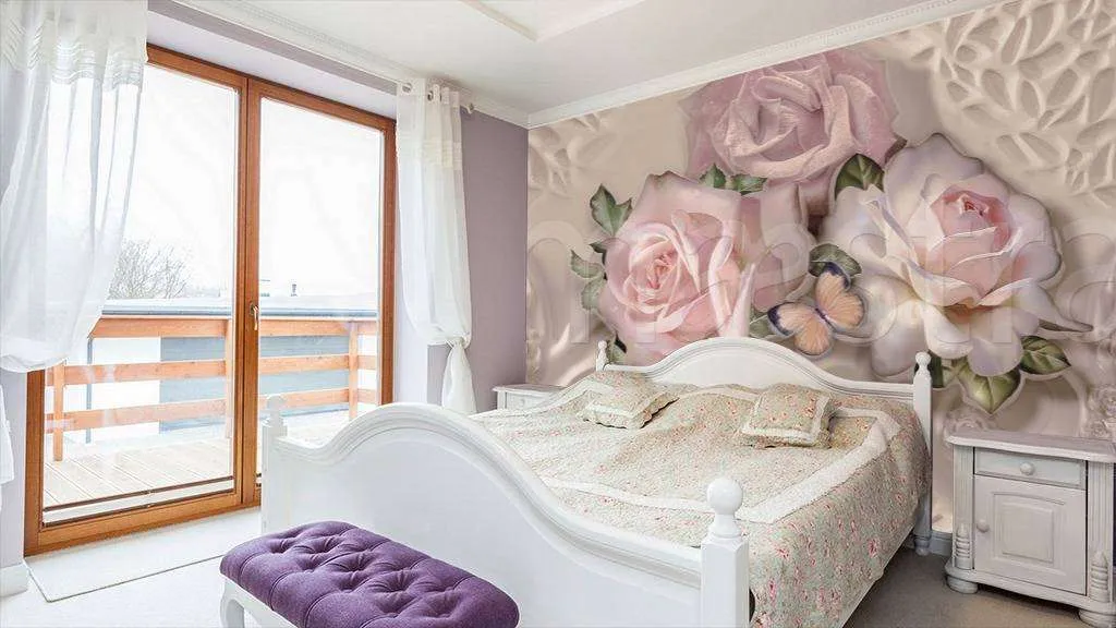 Фотообои в интерьере стереоскопические розовые розы  7-524 фото