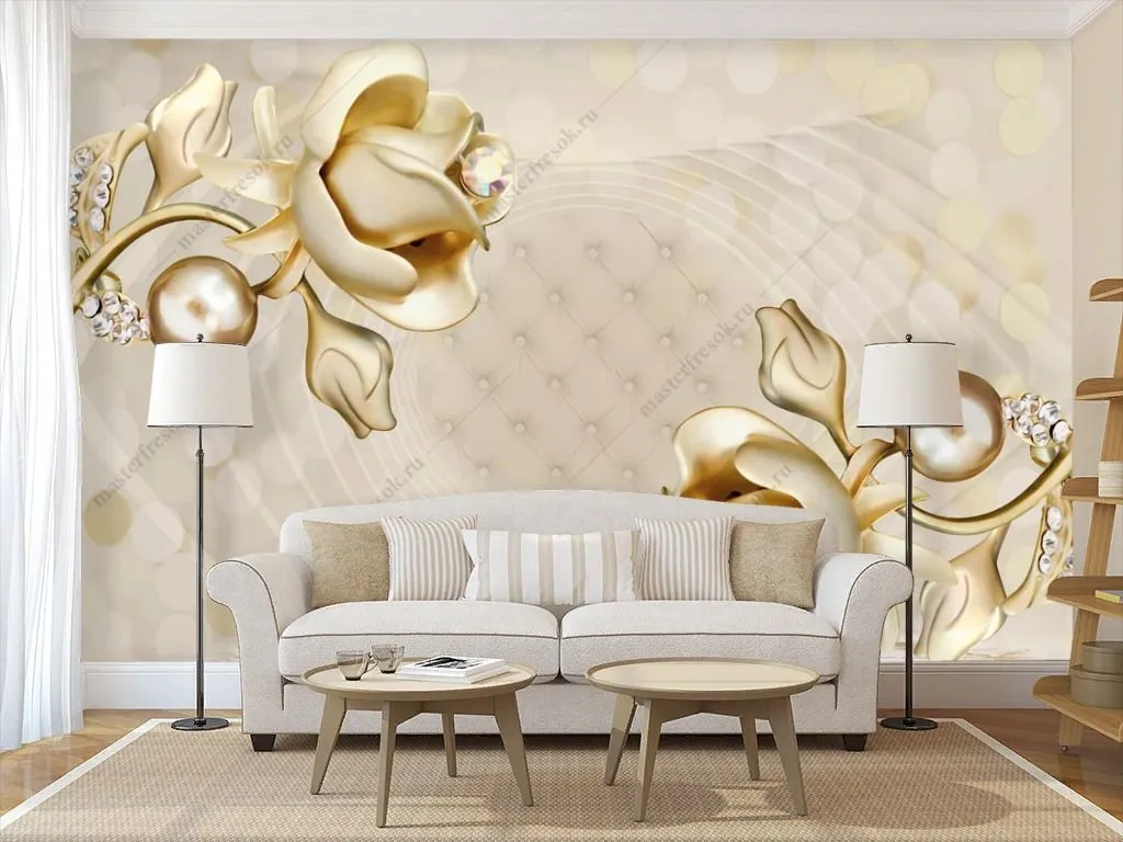 Фотообои в интерьере 3д цветы из золота  10-924 фото