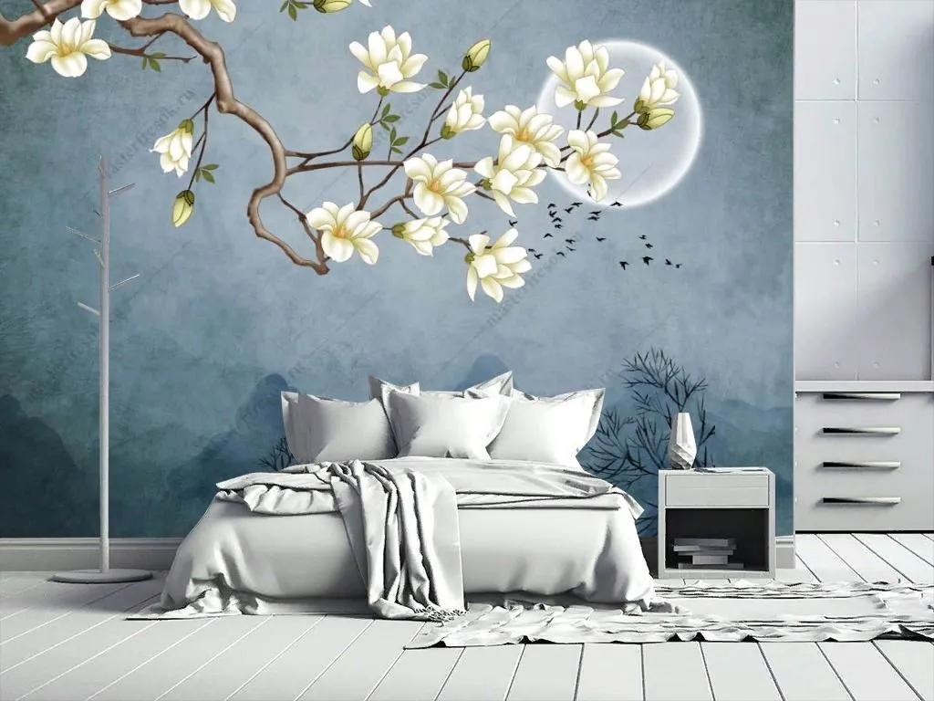 Фотообои в интерьере 3д сакура  10-910 фото