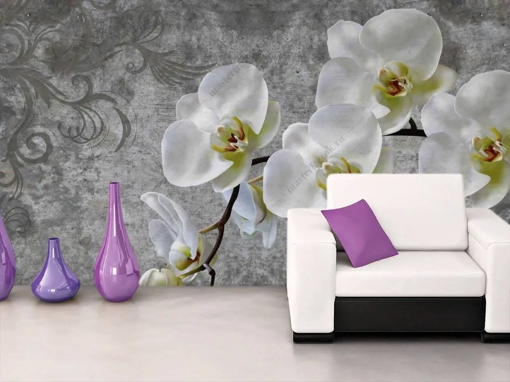 Фотообои в интерьере 3д ветка белой орхидеи  10-833 фото