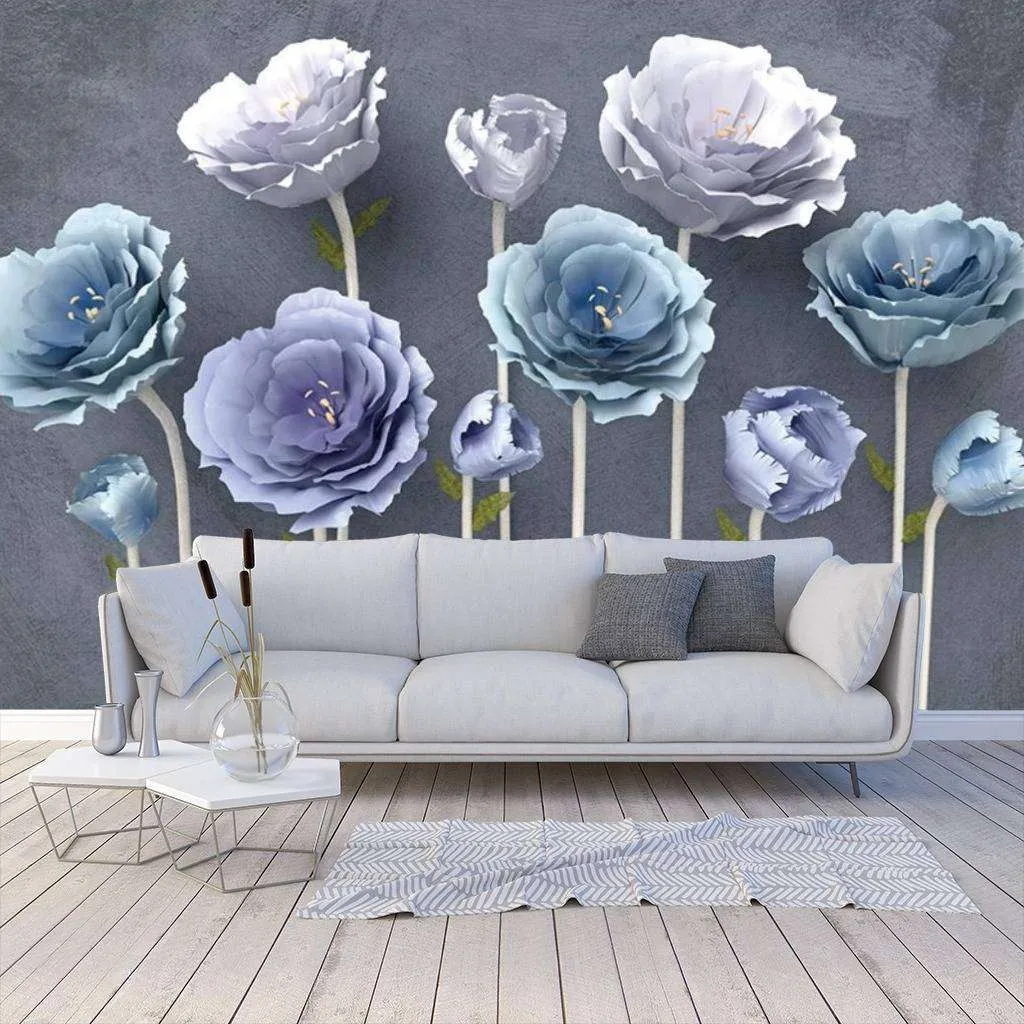 Фотообои в интерьере цветы стереоскопические голубые  15-405 фото
