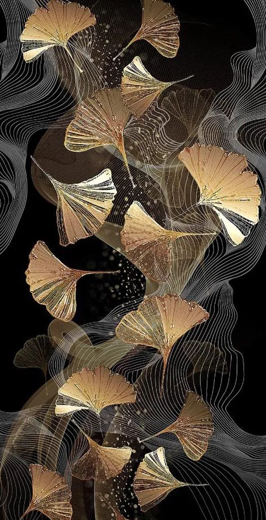 Фотообои в интерьере золотые листья на черном фоне  9-1435 фото