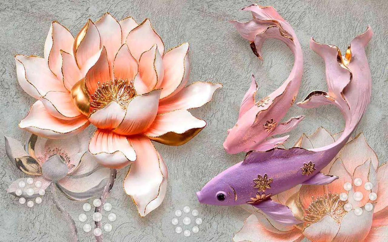 Фотообои в интерьере 3д цветы и рыбы  7-802 фото