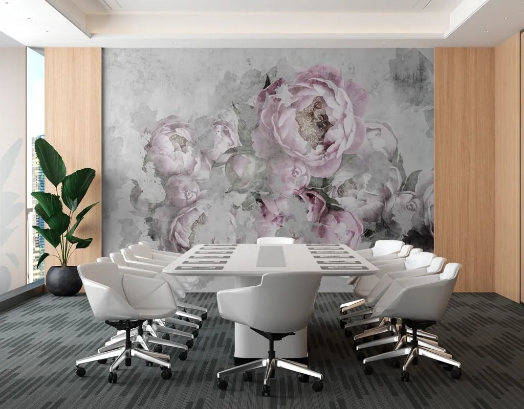 Фотообои в интерьере пионы на сером фоне  9-1605 фото