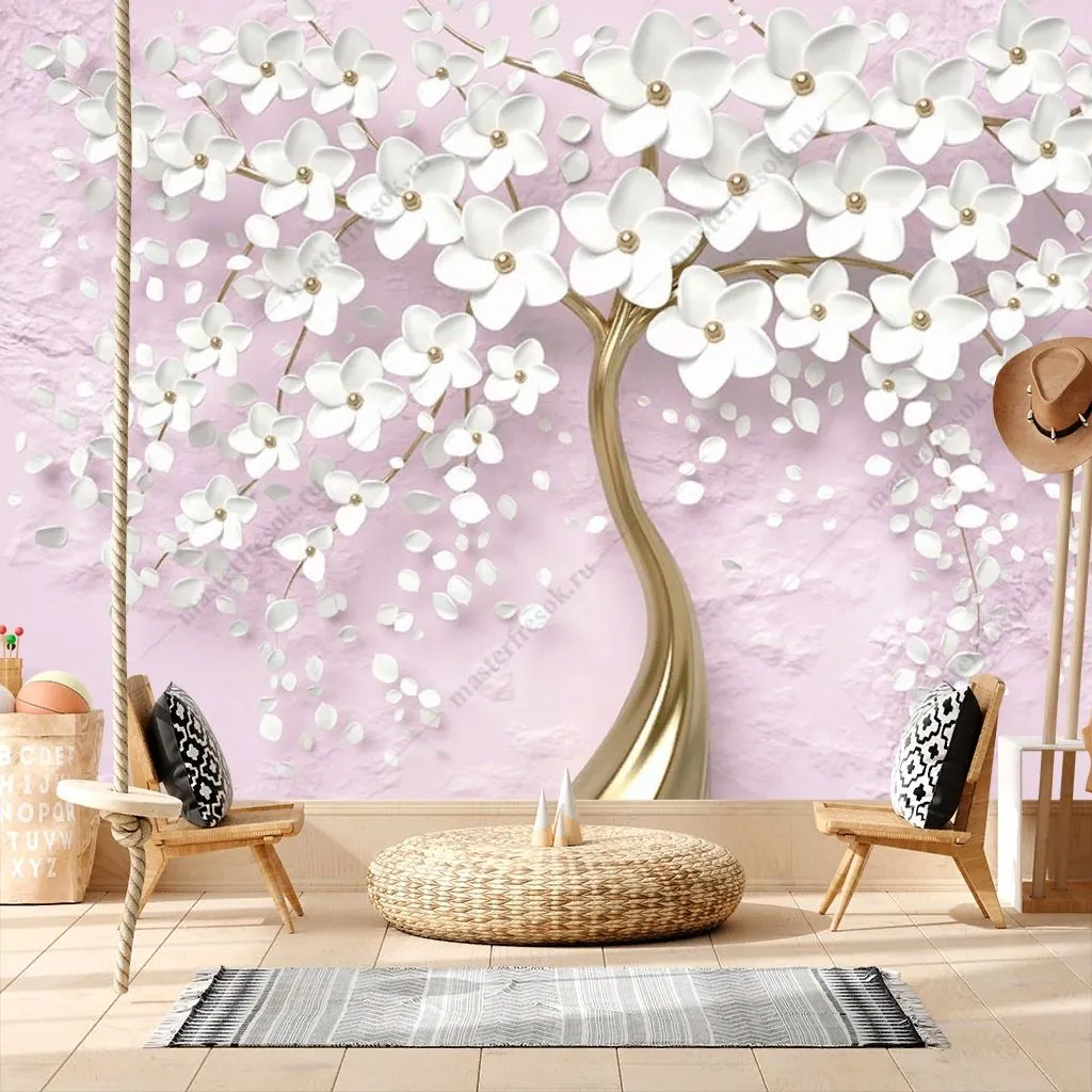 Фотообои в интерьере 3д дерево с белыми цветочками  10-889 фото