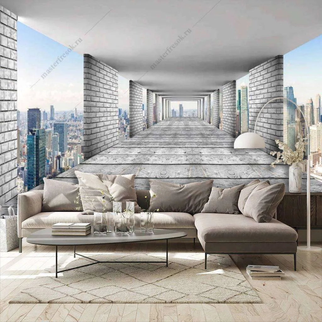 Фотообои в интерьере 3д тоннель расширяющий пространство  10-838 фото